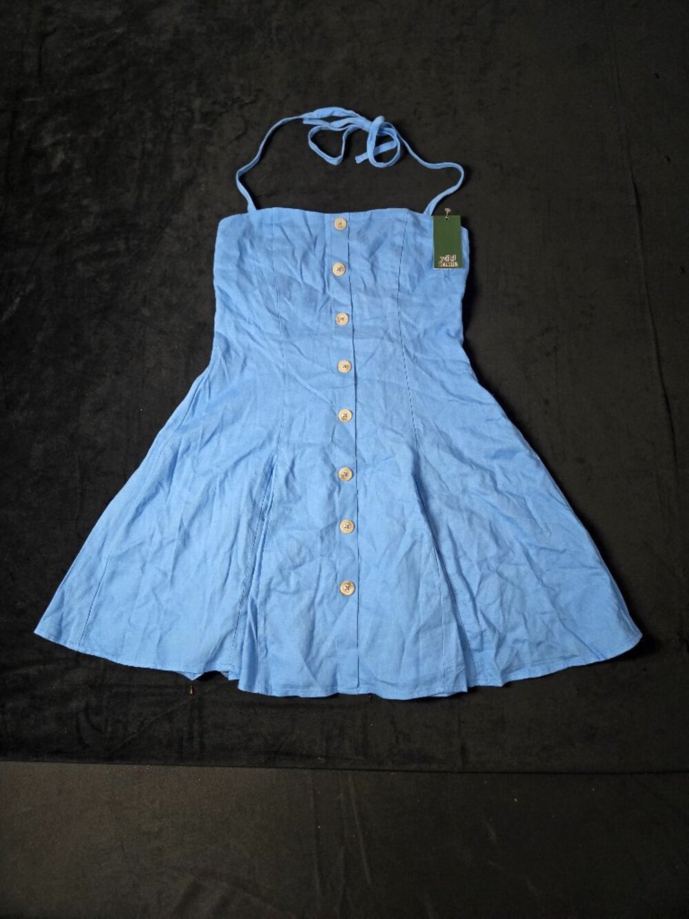 Wild Fable Women's S Blue Button Front Halter Linen Blend Mini Dress NWT